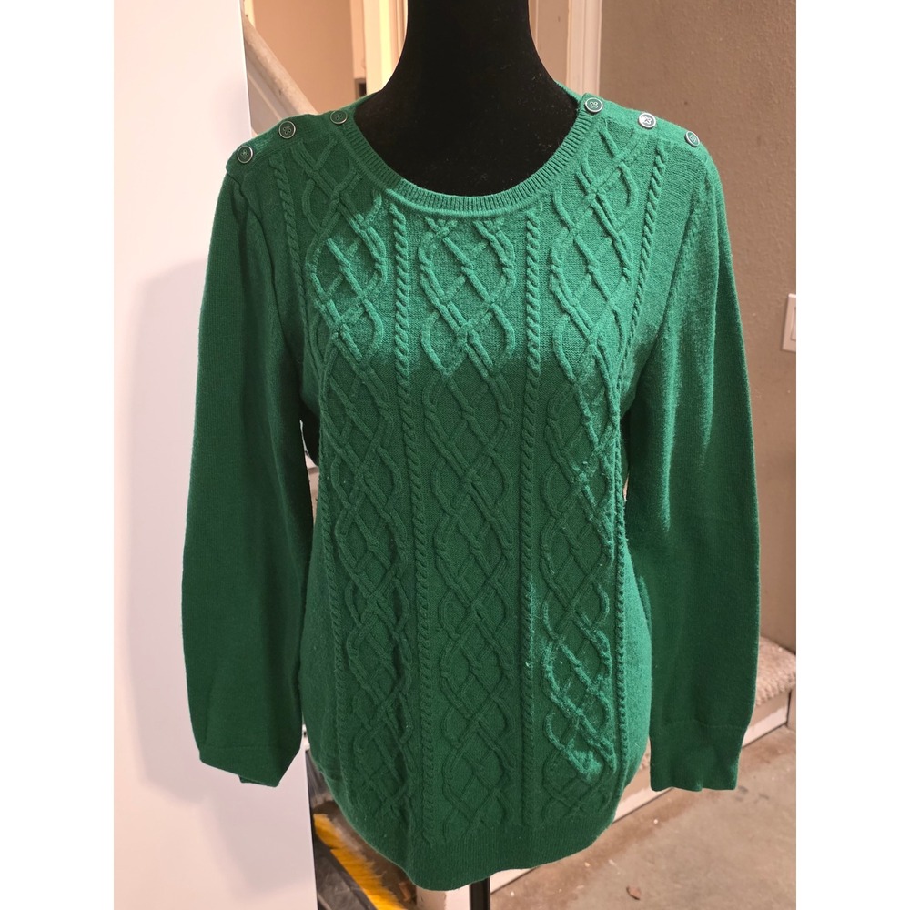 Talbots Green Cable Knit Lambswool Blend Button Shoulder Sweater Womens Large